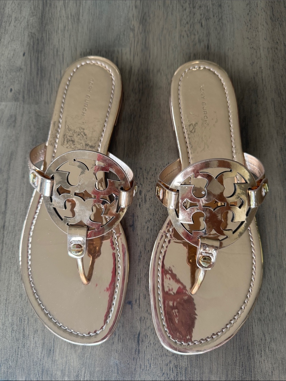 Tory Burch Metallic Rose Gold Logo Thong Sandals
